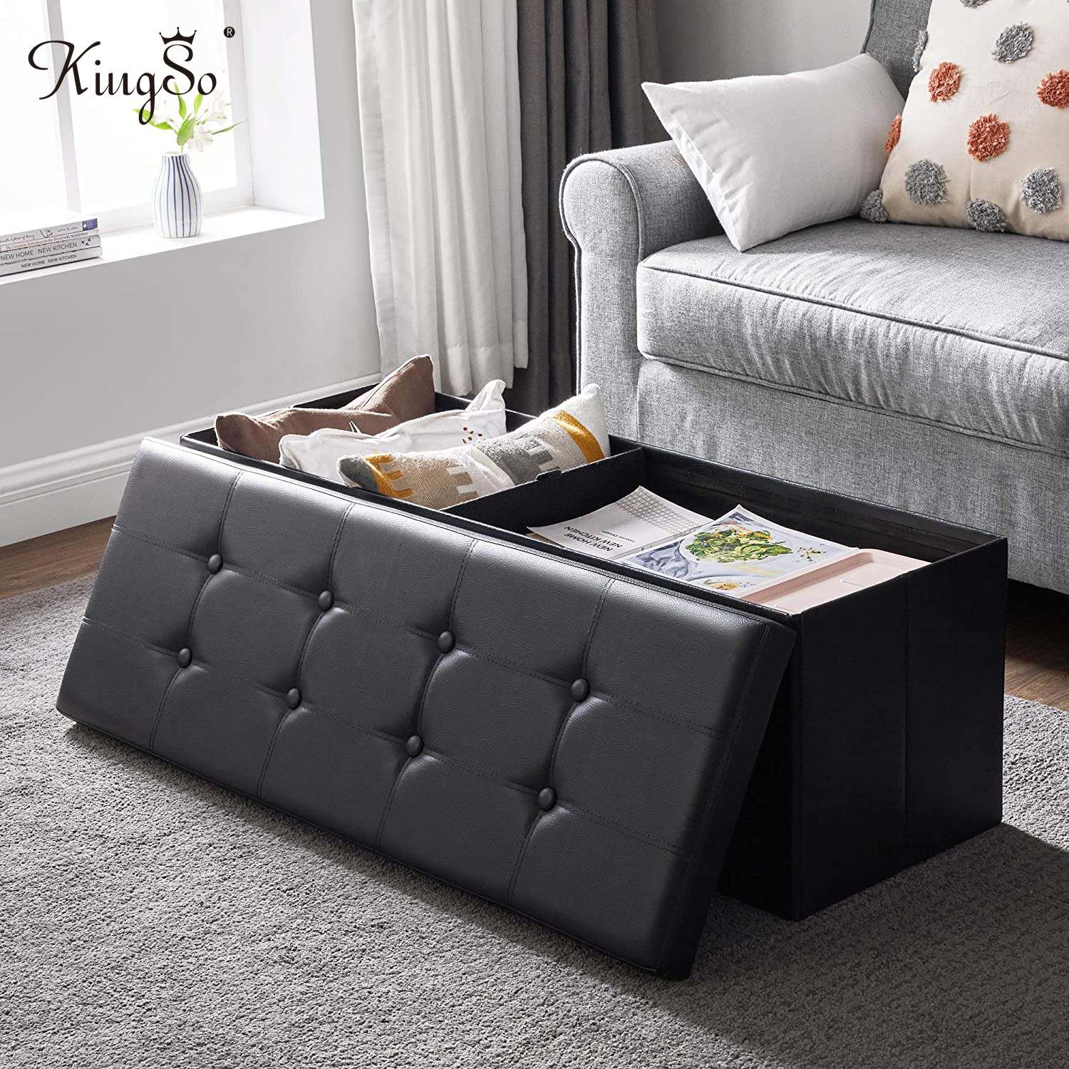 KINGSO Storage Benches Foldable Stool with Storage Space Home Sofa Ottoman Seat Bench Chest Storage Box Living Room Furniture