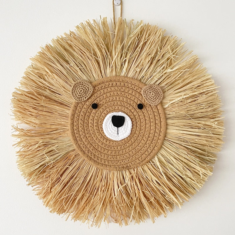 INS Nordic Handmade Lion Wall Decor Cotton Thread Straw Woven Animal Head Wall Hanging Ornament for Nursery Baby Room Decoration