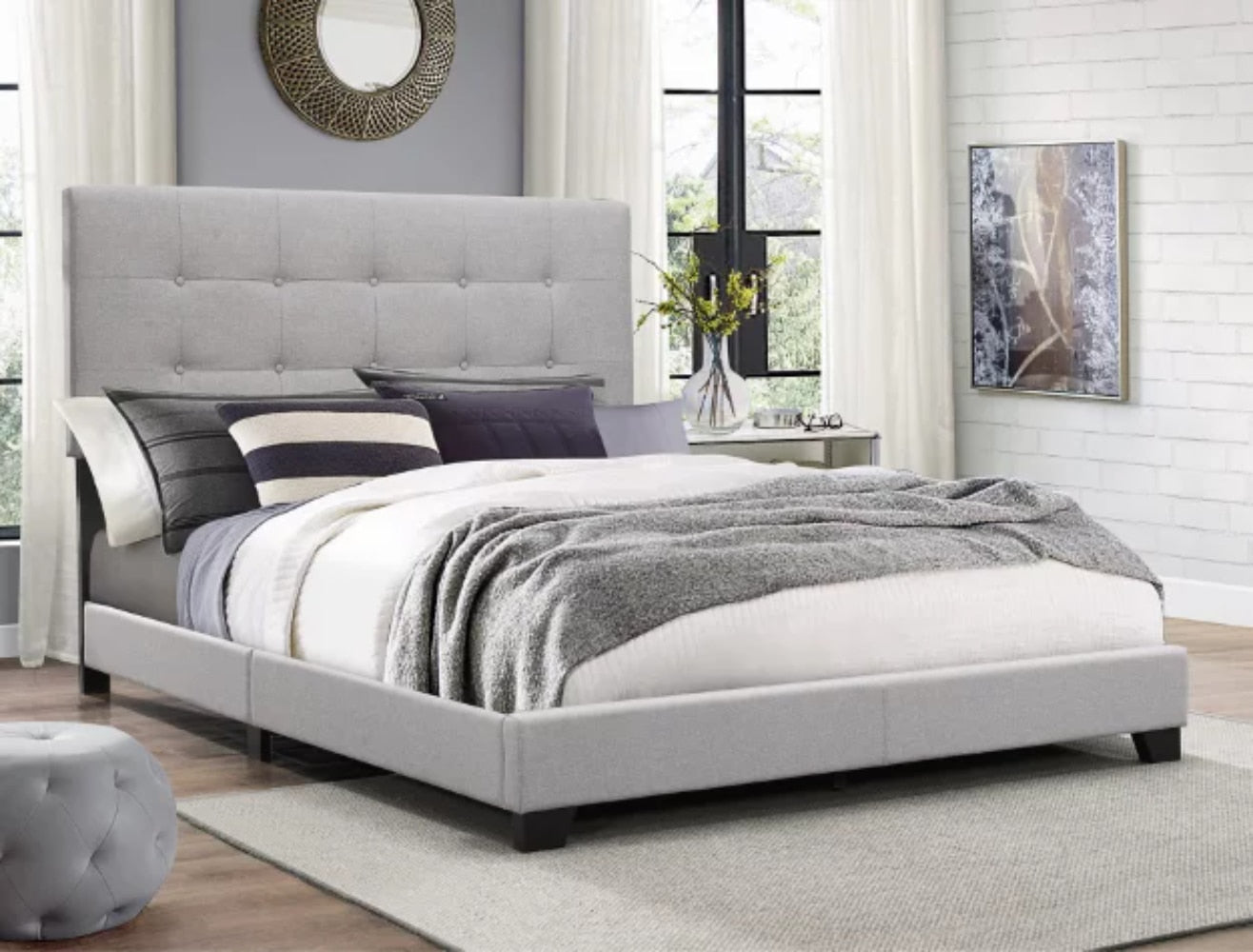 Florence Gray Upholstered Panel Bed, Full Size  Bed Frame Full  Bed Frame Queen Bedroom Set Furniture