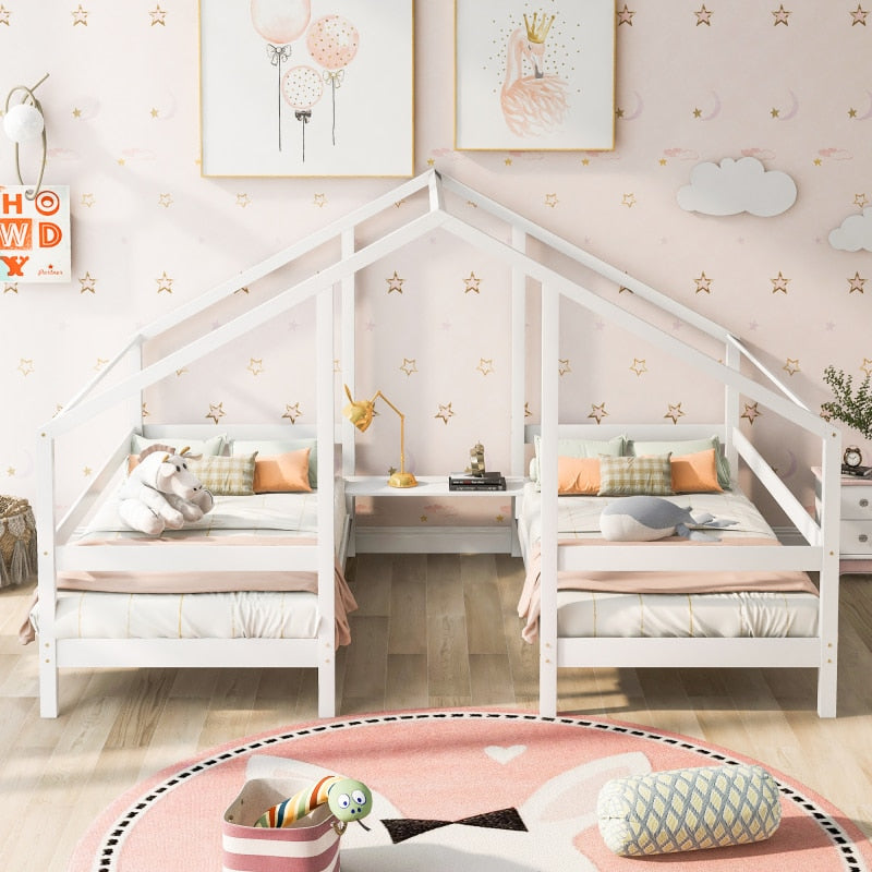 Tree House Double Twin Size Triangular House Beds with Built-in Table,White Bedroom Furniture, Children's Bed