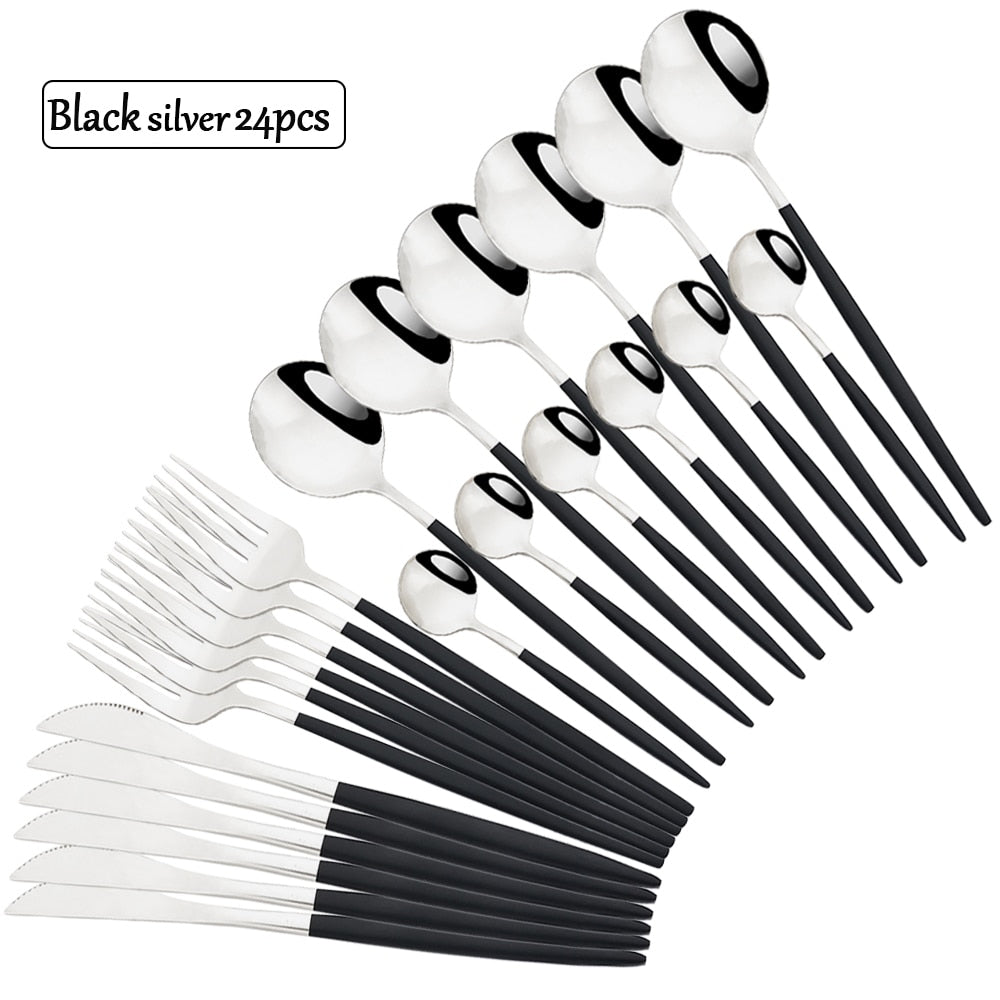 Flatware Sets Stainless Steel Cutlery Black Gold 24Pcs Dinnerware Dining Knife Forks Tea Spoons Kitchen Dinner Western Tableware